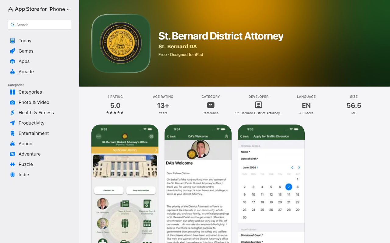 St. Bernard District Attorney app listing for docket and court calendar features