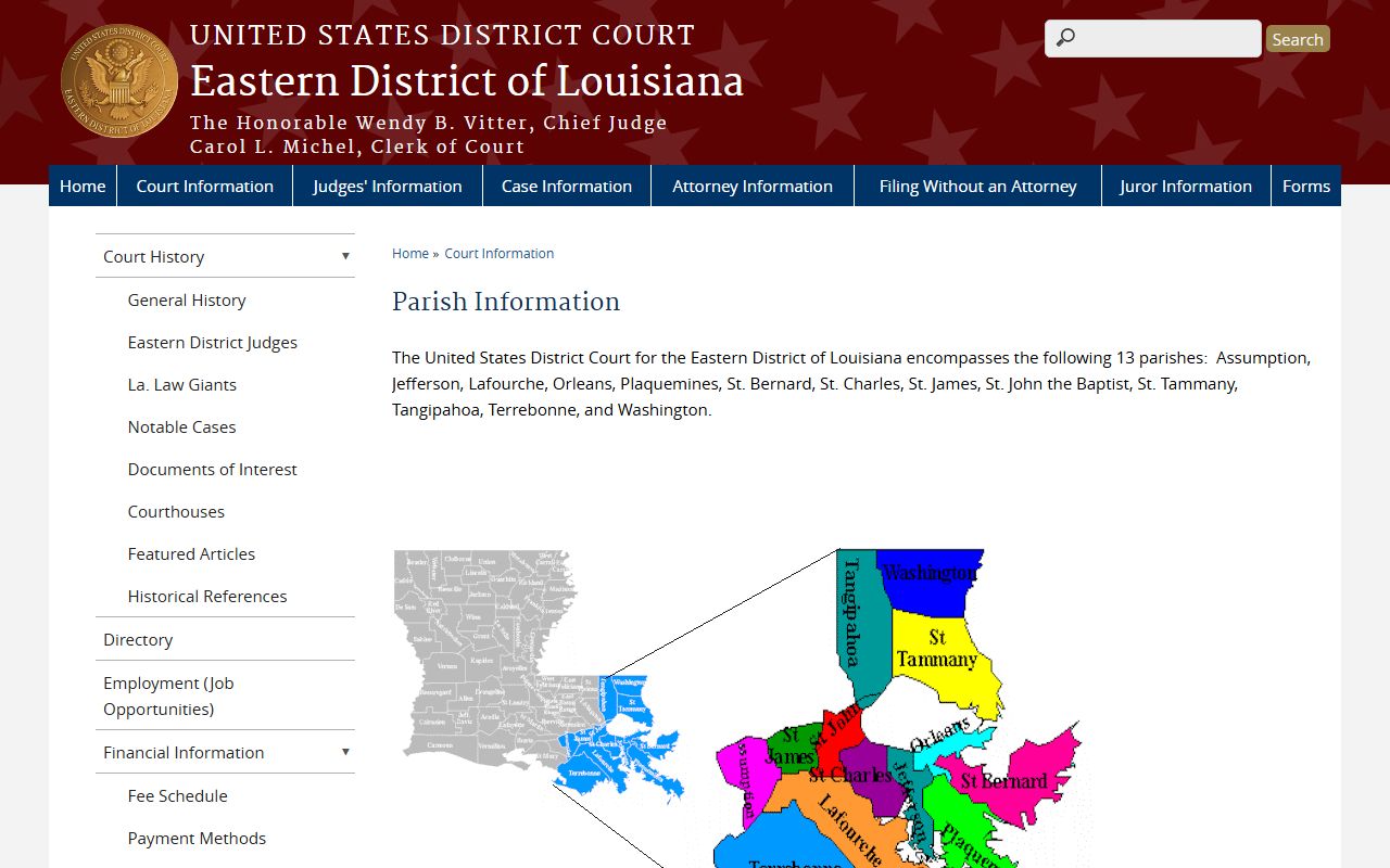 Eastern District of Louisiana parish information page including St. Bernard Parish