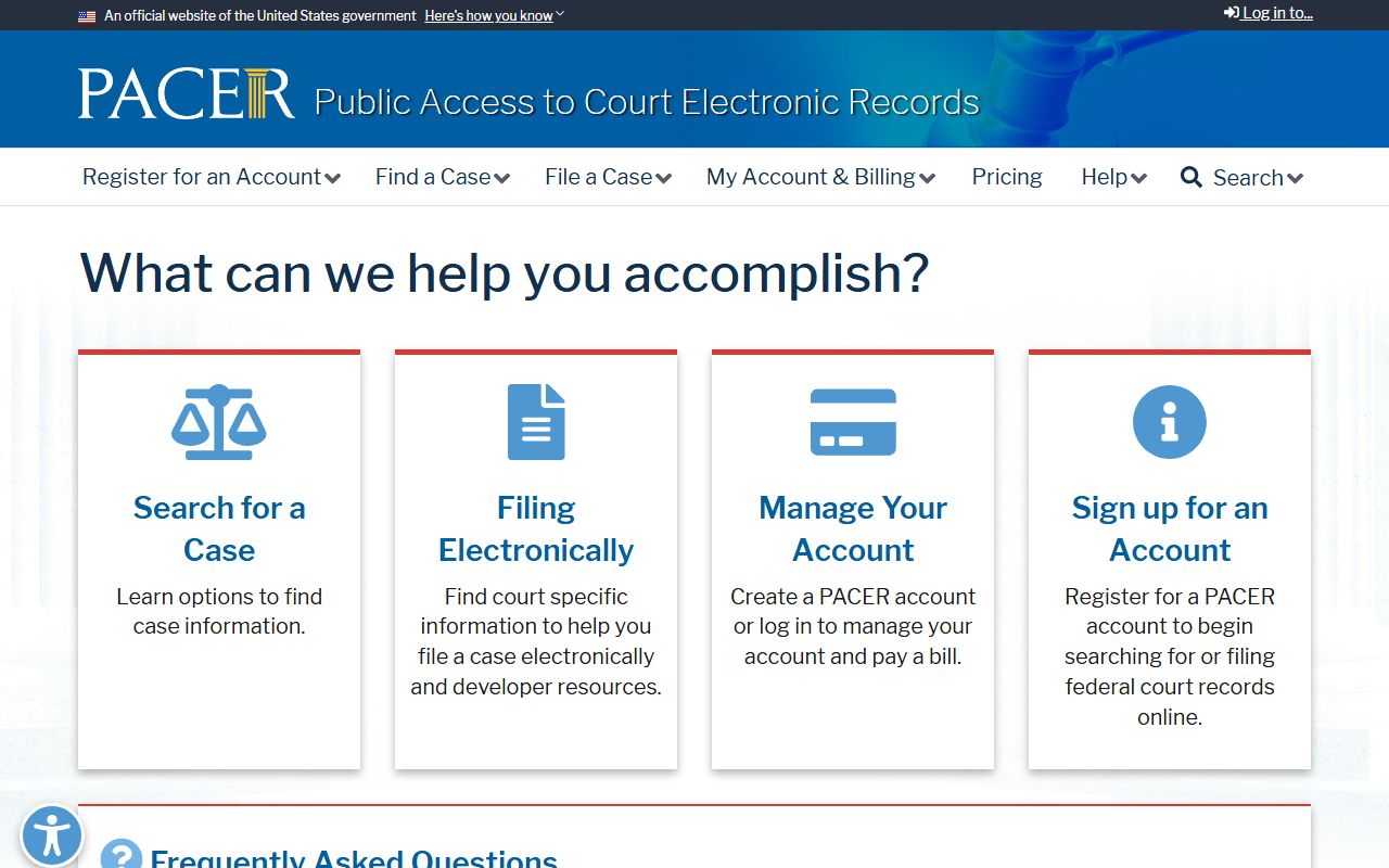 Federal PACER Case Locator homepage