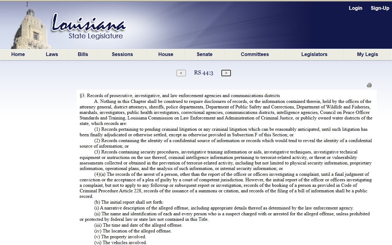 Louisiana Revised Statute 44:3 law enforcement records exception