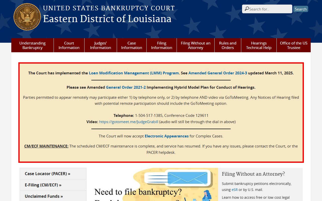 U.S. Bankruptcy Court for the Eastern District of Louisiana homepage