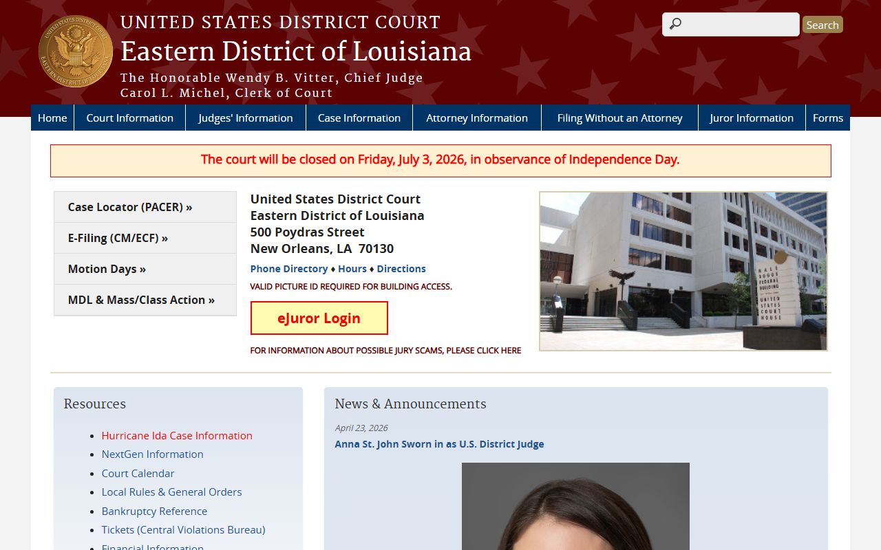 U.S. District Court for the Eastern District of Louisiana homepage