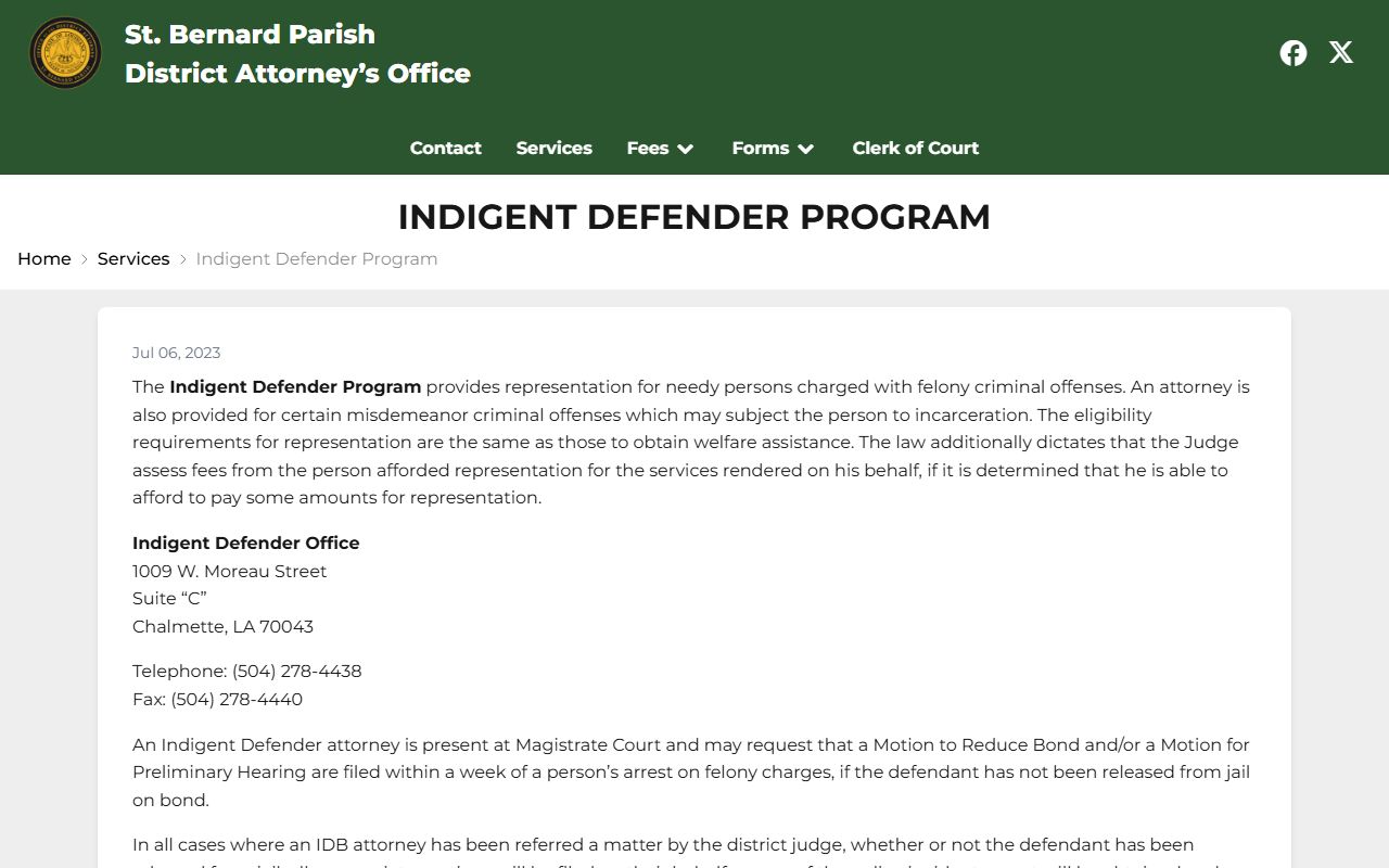 St. Bernard Parish criminal court records indigent defender page