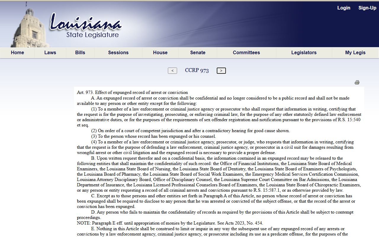 St. Bernard Parish criminal court records Louisiana expungement effect